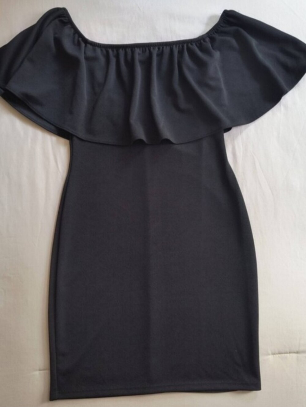 Off-Shoulder Black Ruffle Bodycon Dress - Picture 2 of 5